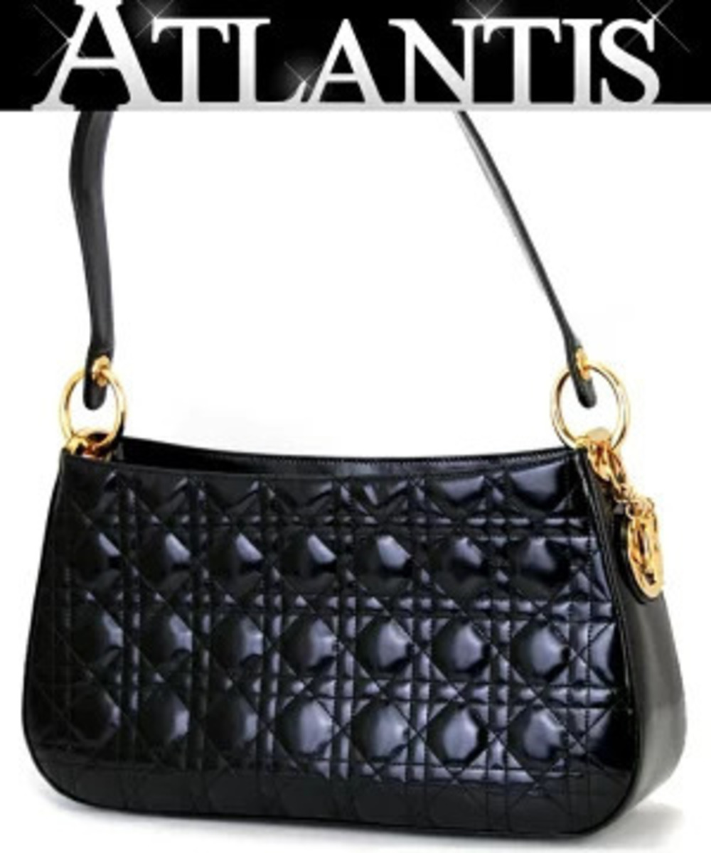 Christian Dior Lady Cannage Hobo Bag Black Patent Vernis Leather